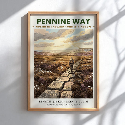 Poster featuring a hiker on the Pennine Way in Northern England with stone path.