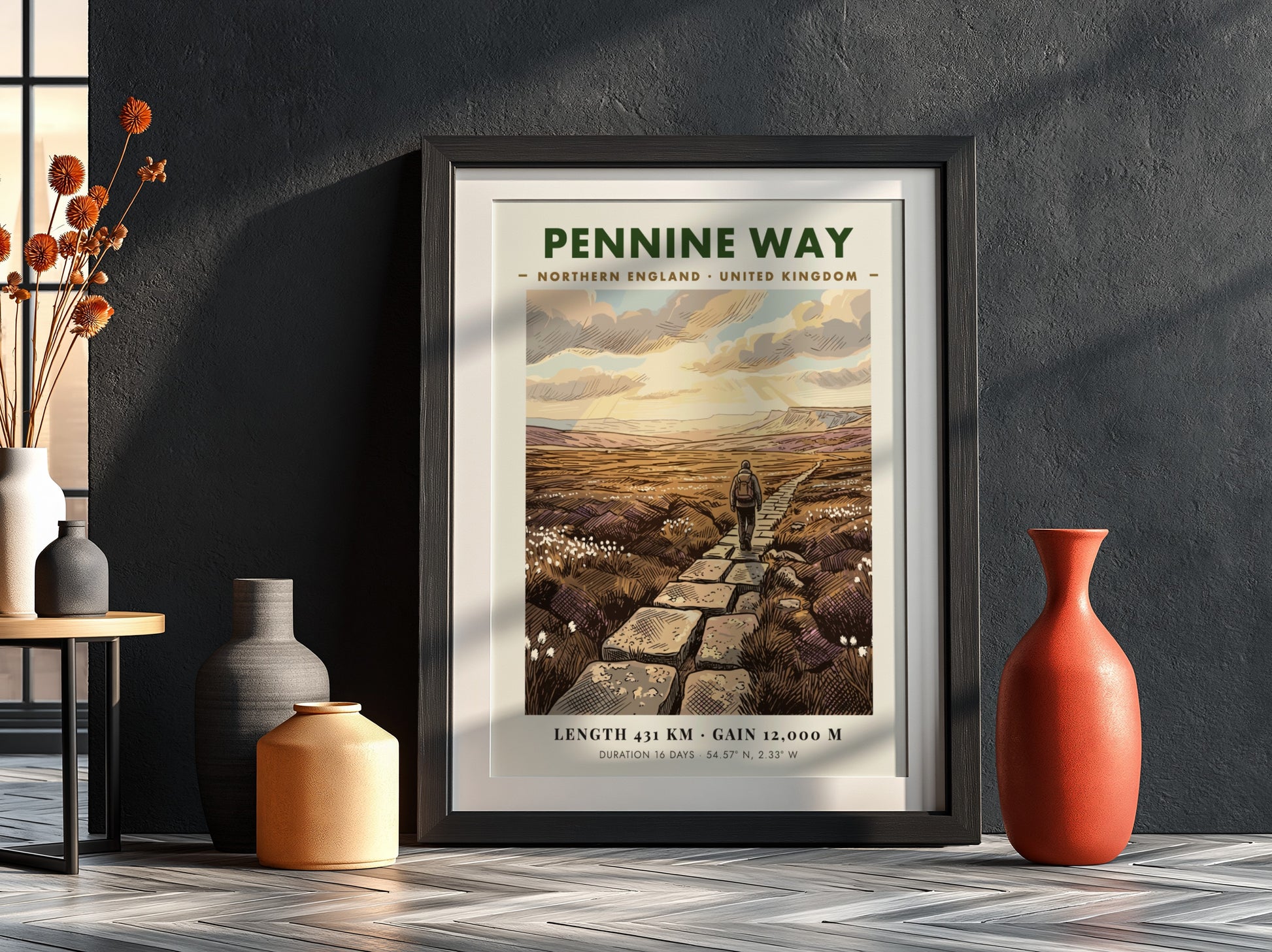 Poster featuring a hiker on the Pennine Way in Northern England with stone path.