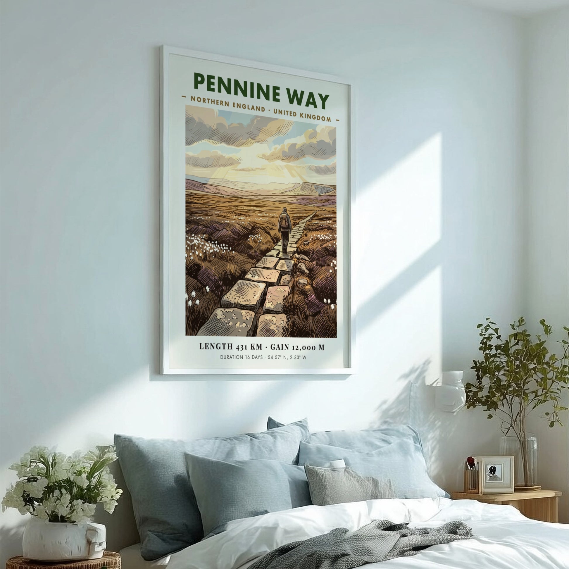 Poster featuring a hiker on the Pennine Way in Northern England with stone path.