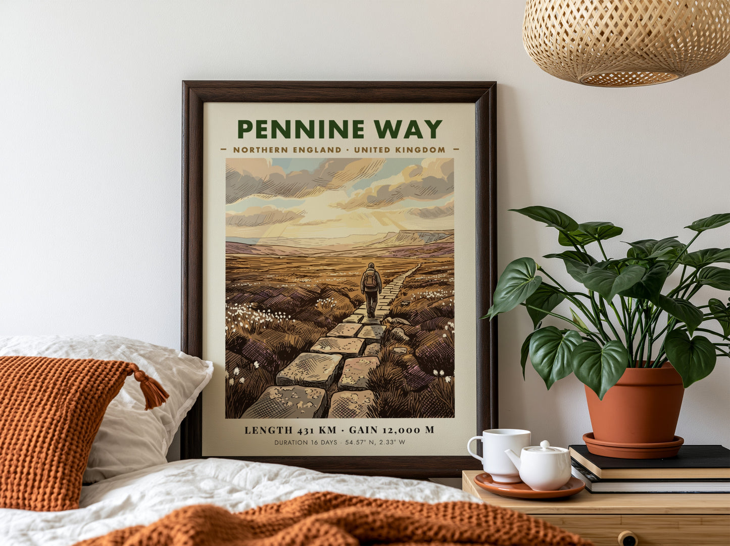 Poster featuring a hiker on the Pennine Way in Northern England with stone path.