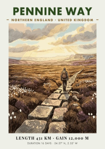 Poster featuring a hiker on the Pennine Way in Northern England with stone path.