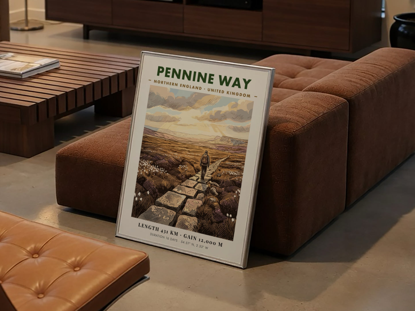 Poster featuring a hiker on the Pennine Way in Northern England with stone path.