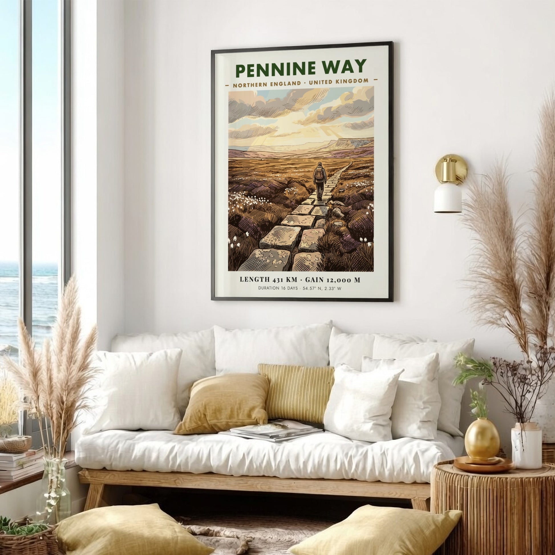 Poster featuring a hiker on the Pennine Way in Northern England with stone path.