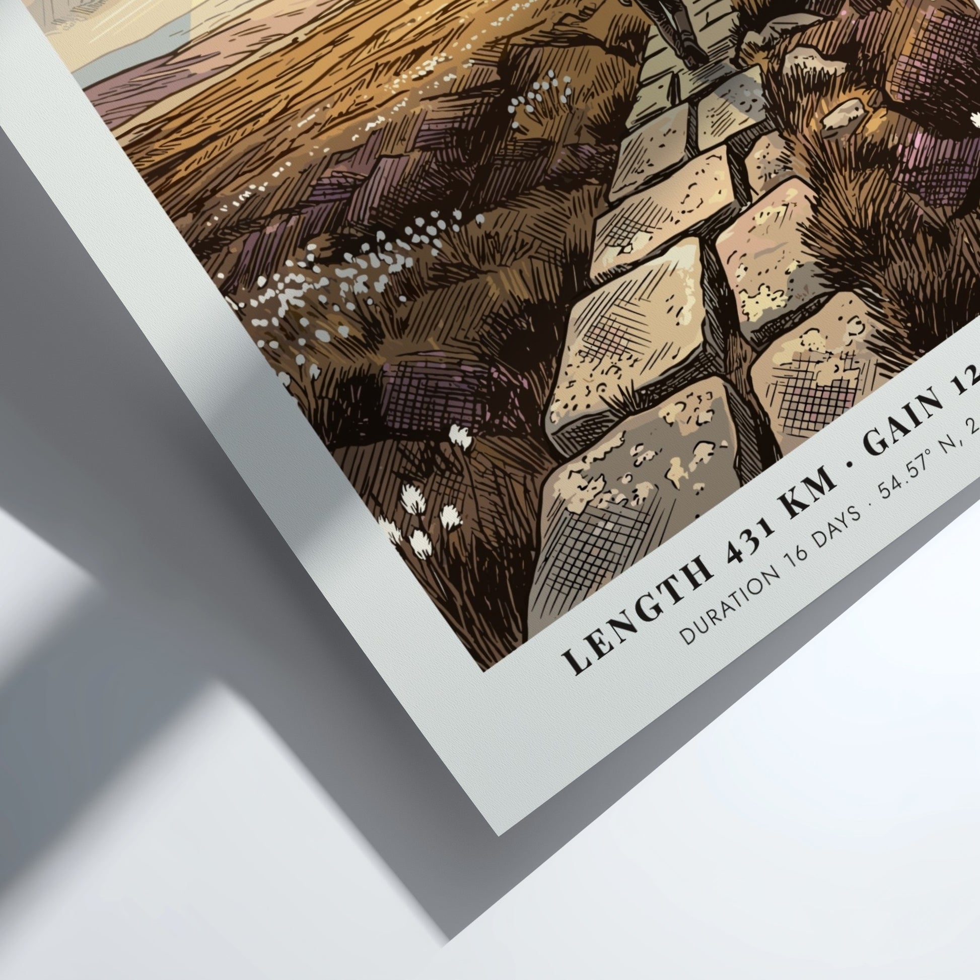 Poster featuring a hiker on the Pennine Way in Northern England with stone path.