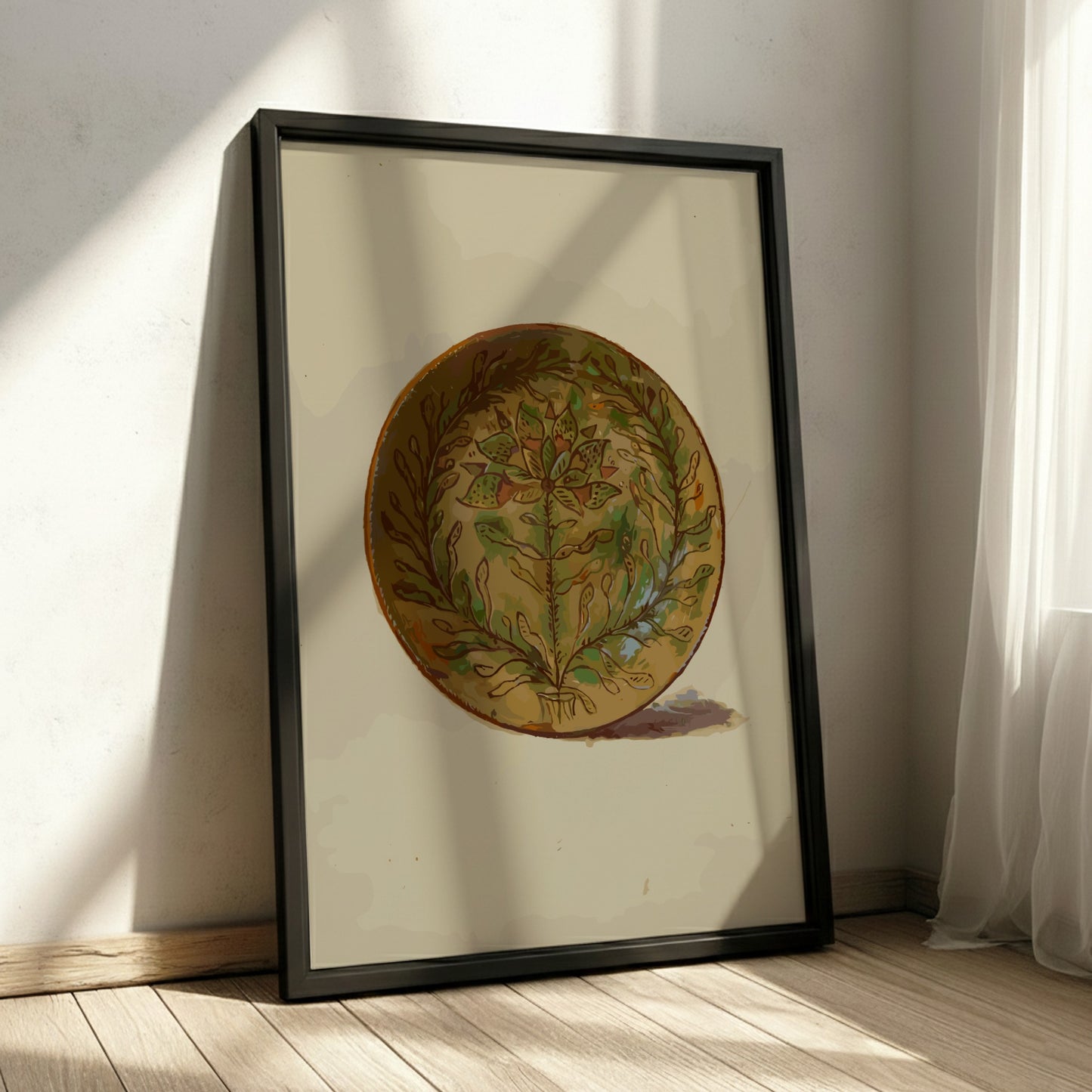 Pennsylvania German Plate poster featuring a folk art floral design in green and brown tones.