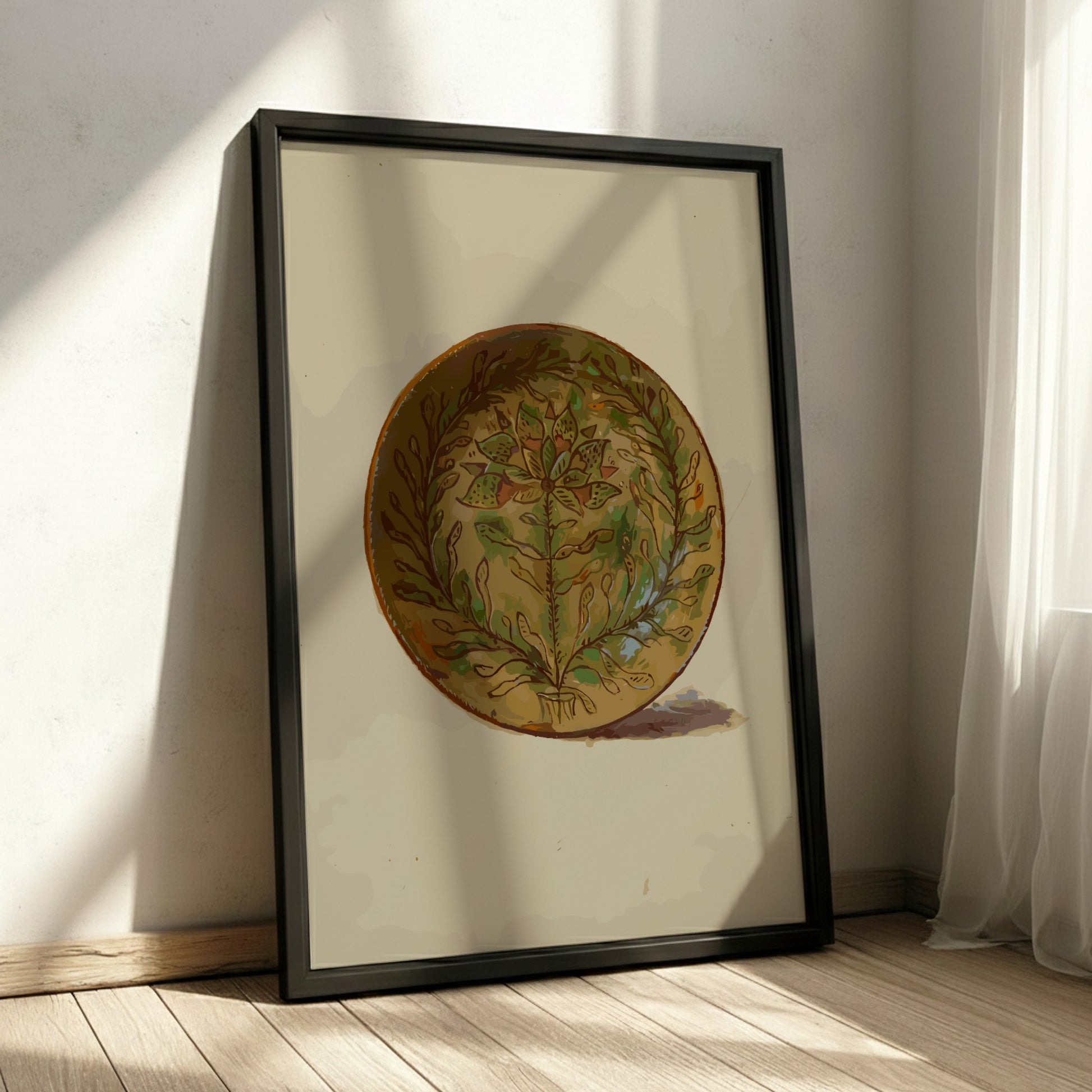 Pennsylvania German Plate poster featuring a folk art floral design in green and brown tones.
