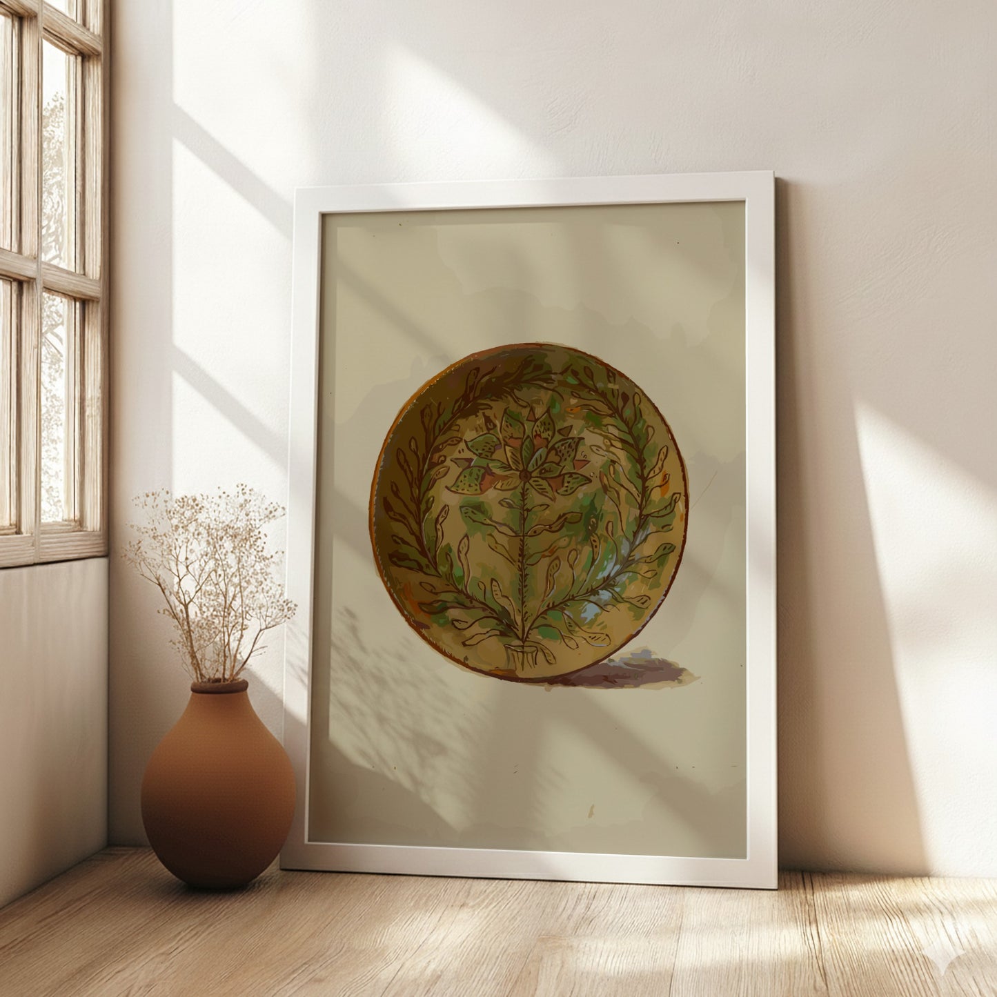 Pennsylvania German Plate poster featuring a folk art floral design in green and brown tones.