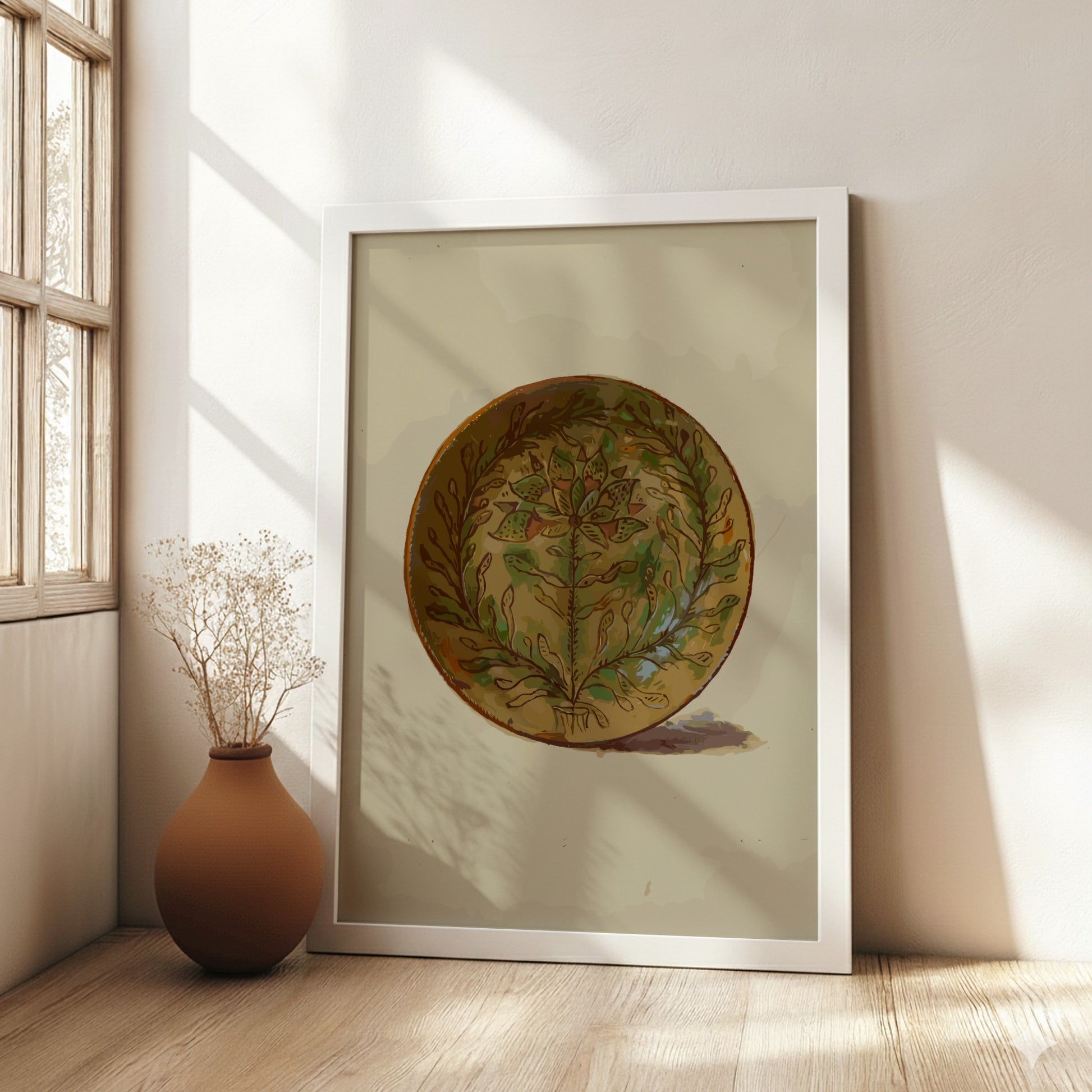 Pennsylvania German Plate poster featuring a folk art floral design in green and brown tones.