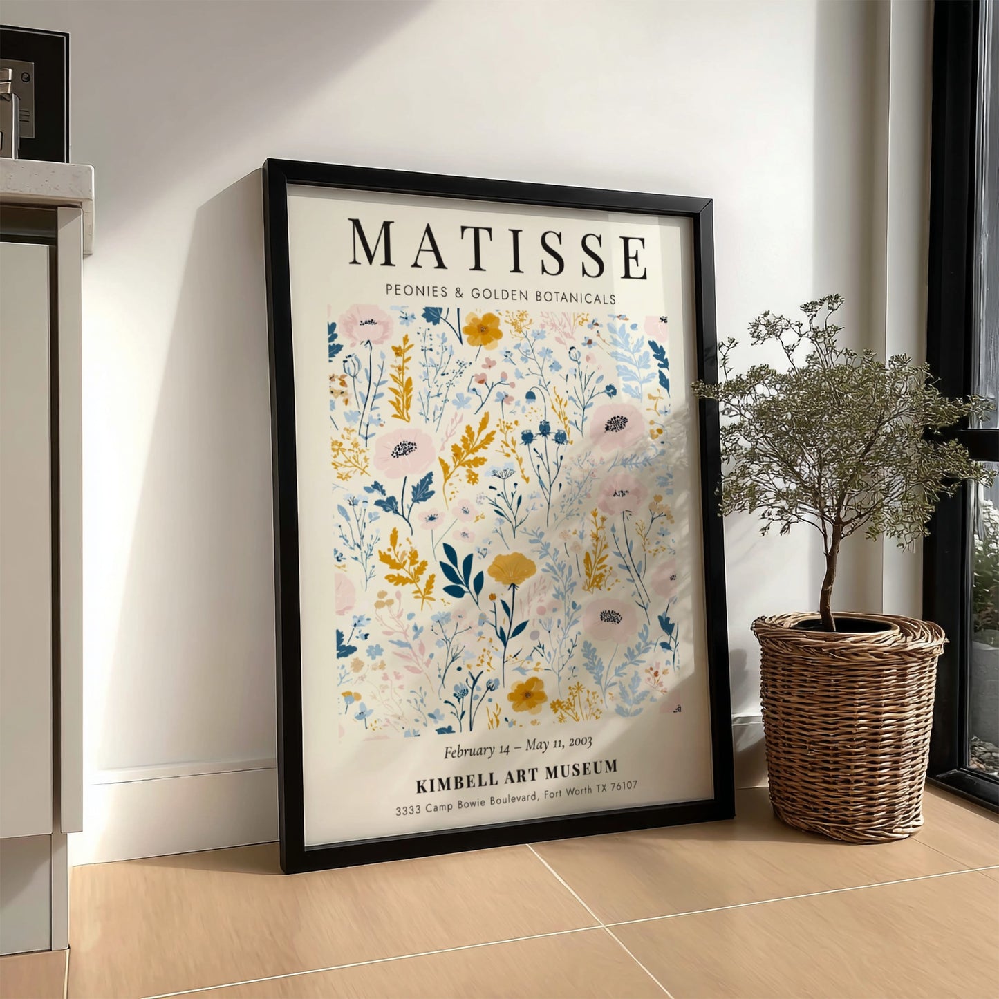 Henri Matisse poster featuring peonies and golden botanicals in pastel colors, floral art for wall decor.
