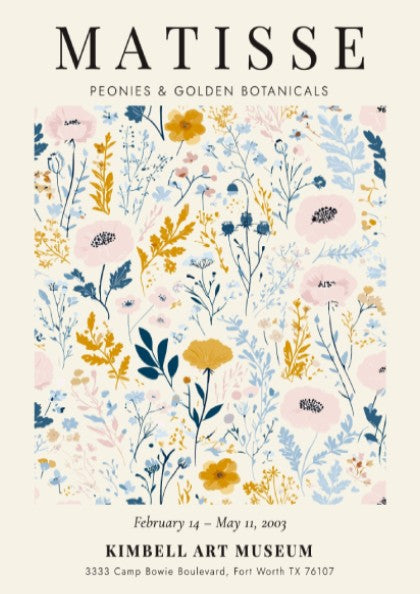 Henri Matisse poster featuring peonies and golden botanicals in pastel colors, floral art for wall decor.