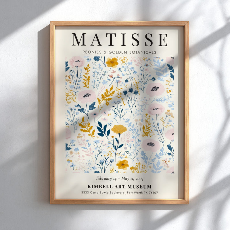 Henri Matisse poster featuring peonies and golden botanicals in pastel colors, floral art for wall decor.