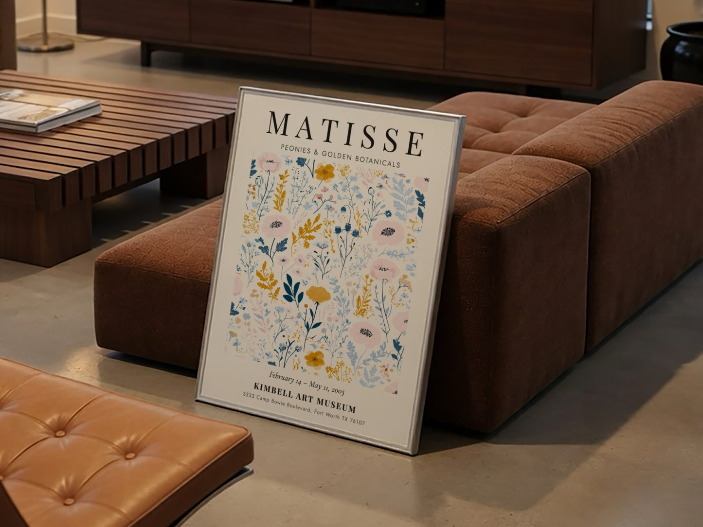 Henri Matisse poster featuring peonies and golden botanicals in pastel colors, floral art for wall decor.