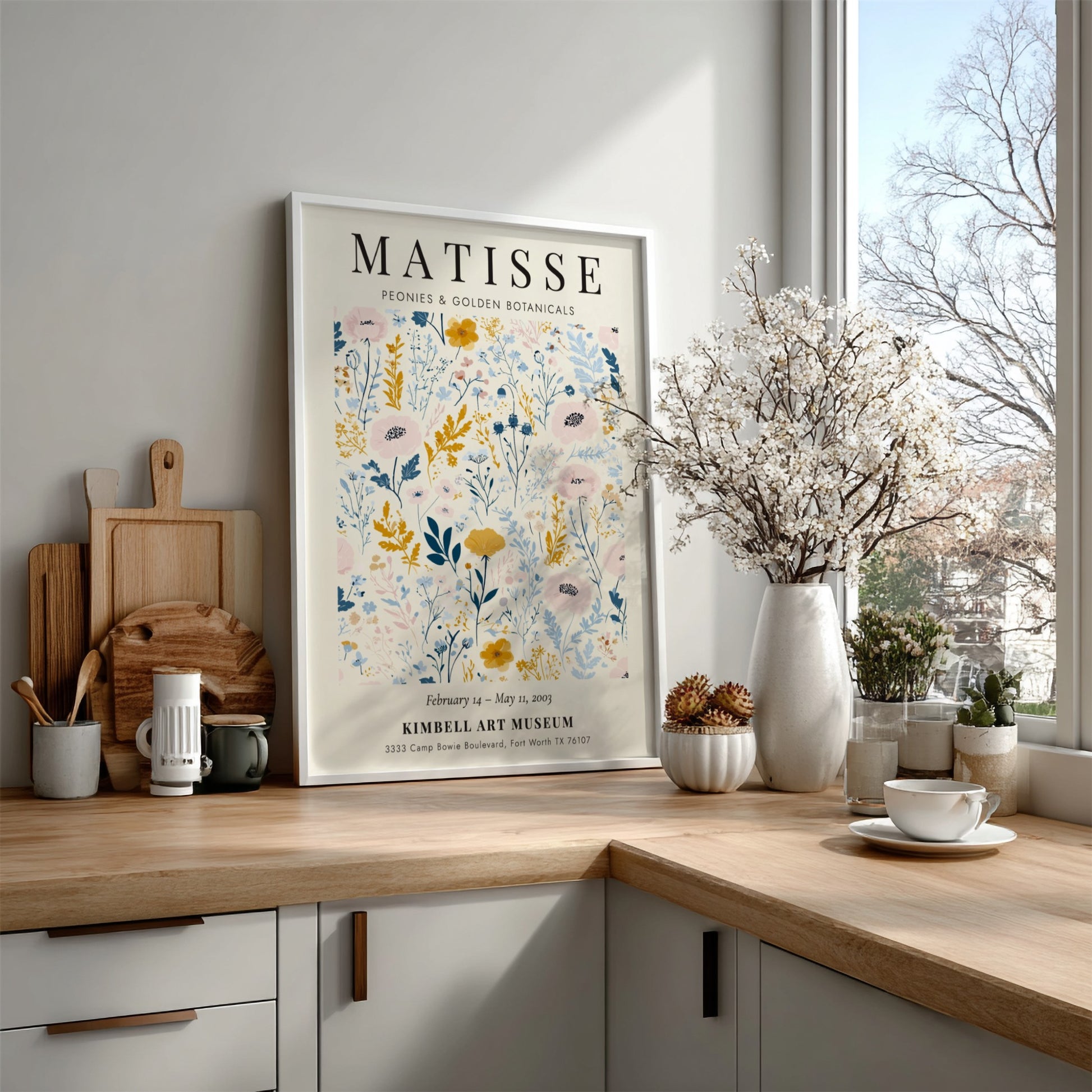 Henri Matisse poster featuring peonies and golden botanicals in pastel colors, floral art for wall decor.