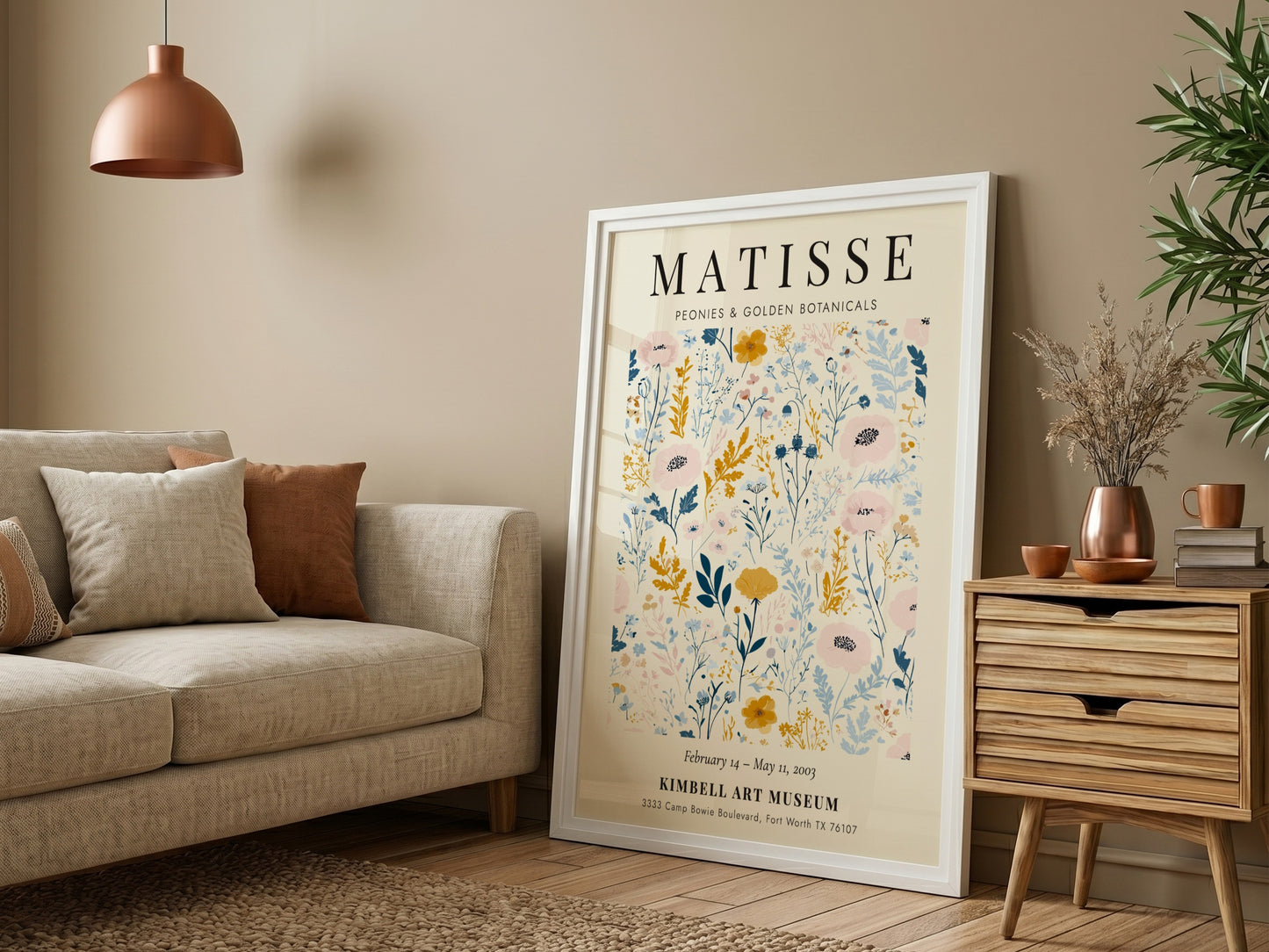 Henri Matisse poster featuring peonies and golden botanicals in pastel colors, floral art for wall decor.