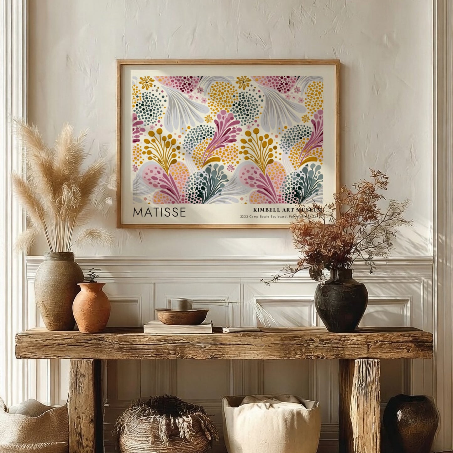 Peonies & Golden Botanicals wall art print featuring vibrant floral patterns in pink and yellow by Matisse