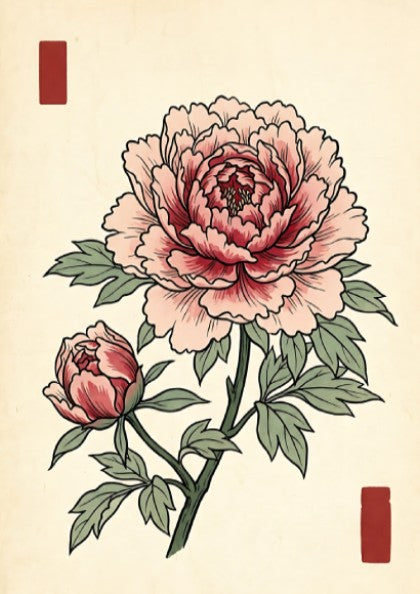 Japanese art style poster featuring a peony flower in soft pink hues