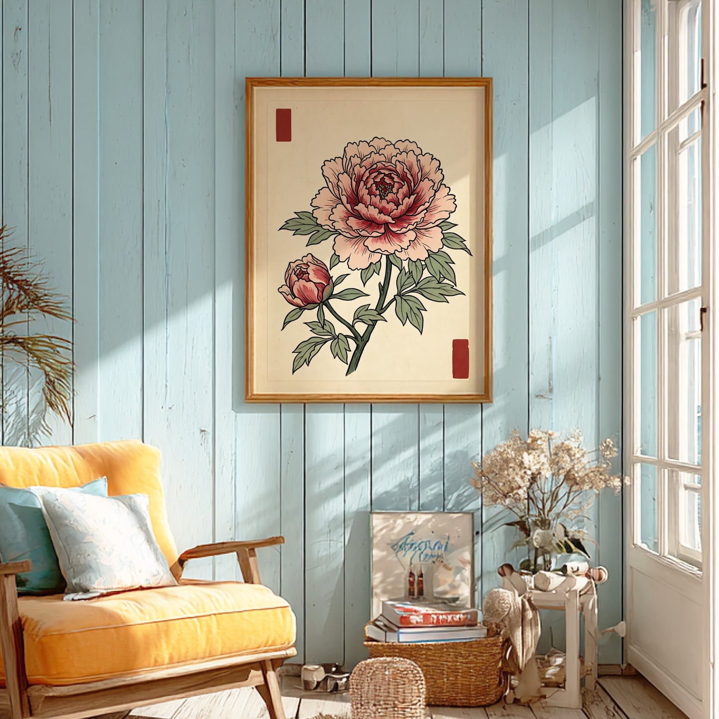 Japanese art style poster featuring a peony flower in soft pink hues