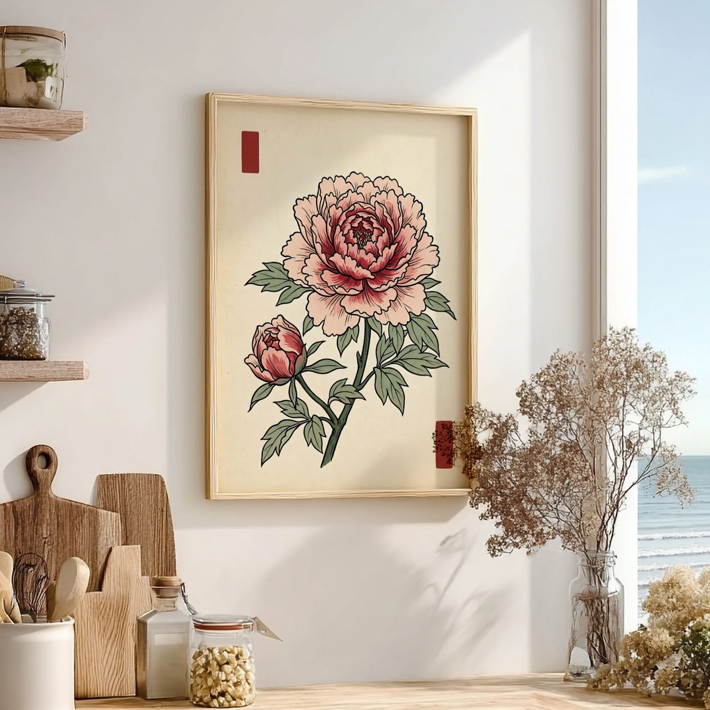 Japanese art style poster featuring a peony flower in soft pink hues