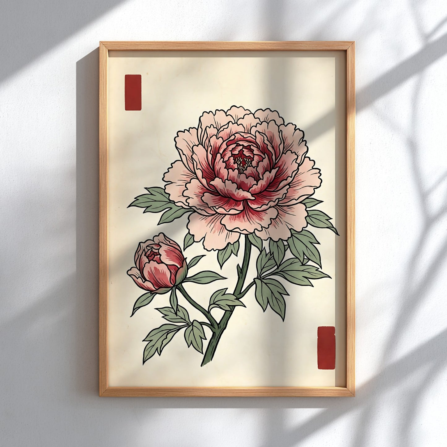 Japanese art style poster featuring a peony flower in soft pink hues
