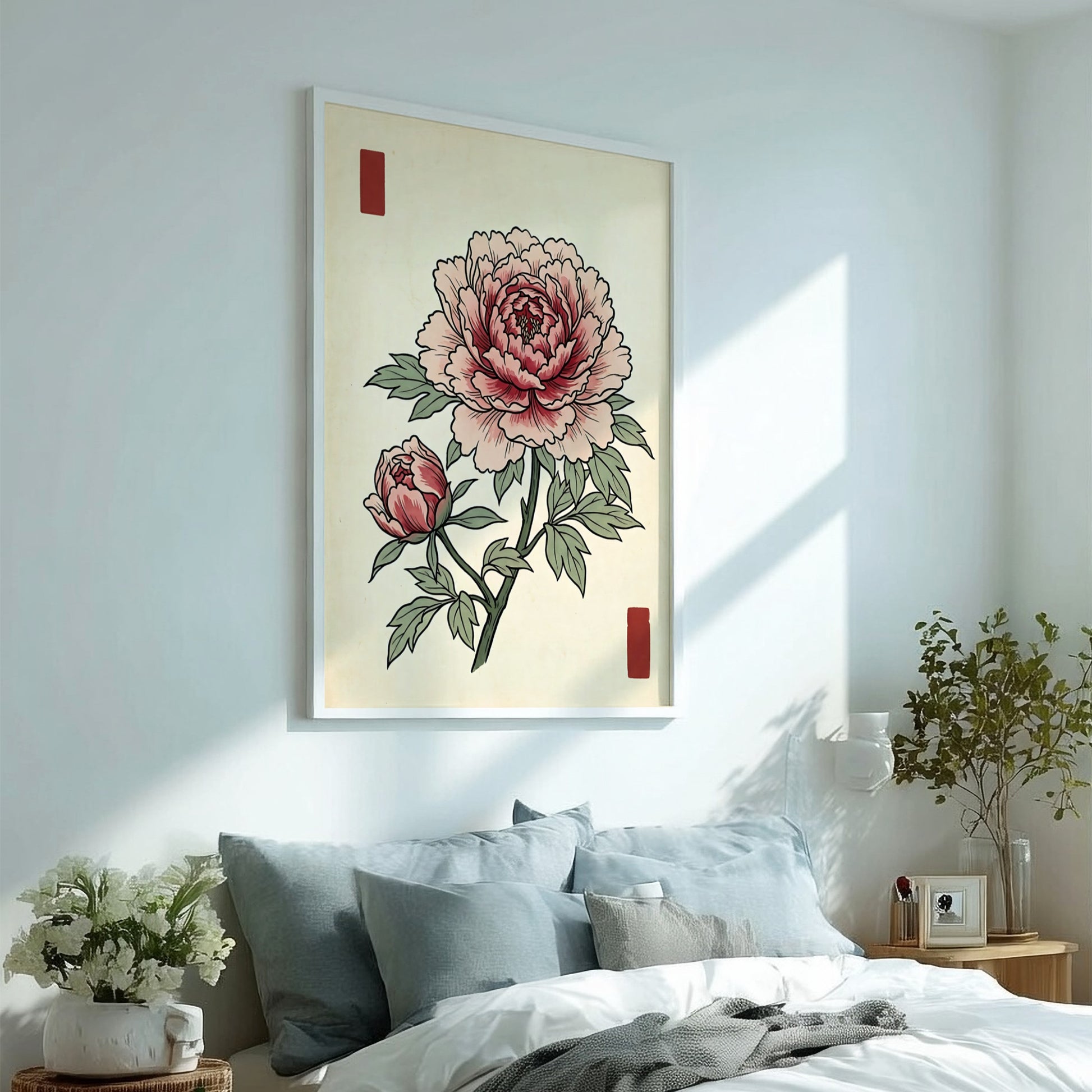 Japanese art style poster featuring a peony flower in soft pink hues
