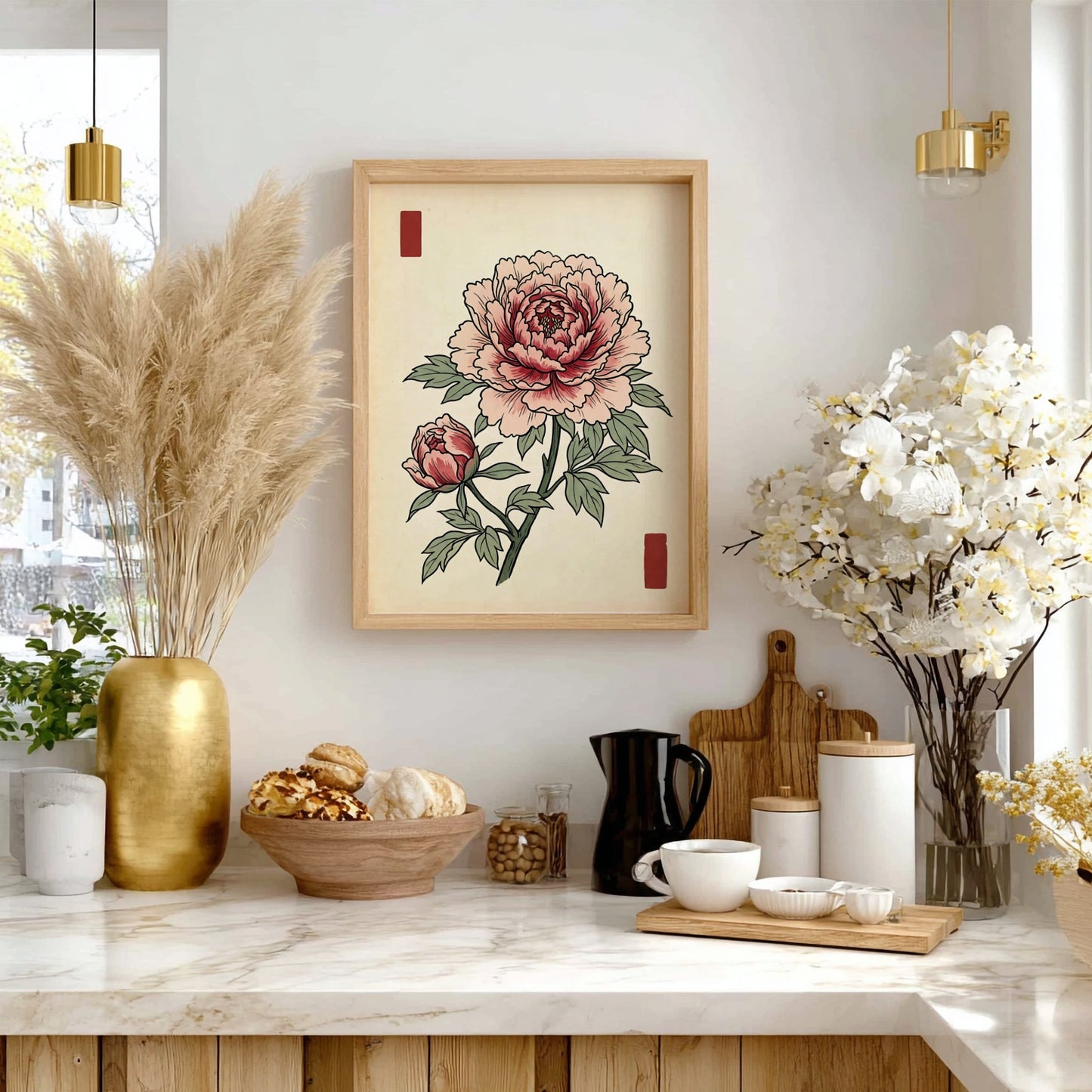 Japanese art style poster featuring a peony flower in soft pink hues