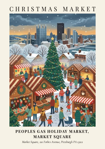 Poster of the Peoples Gas Holiday Market with a Christmas tree and Pittsburgh skyline.