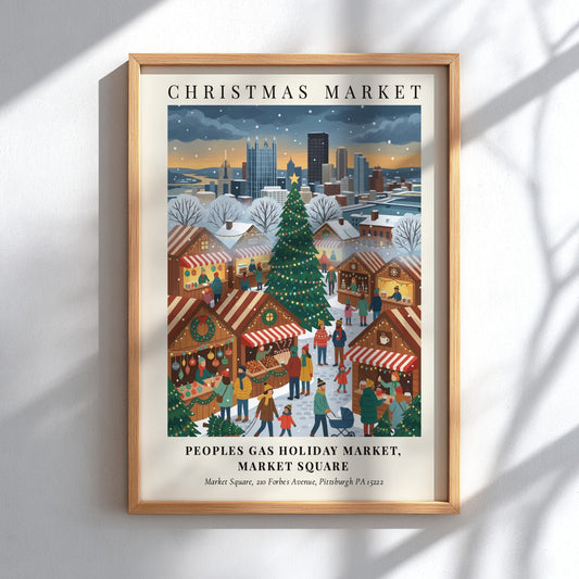 Poster of the Peoples Gas Holiday Market with a Christmas tree and Pittsburgh skyline.