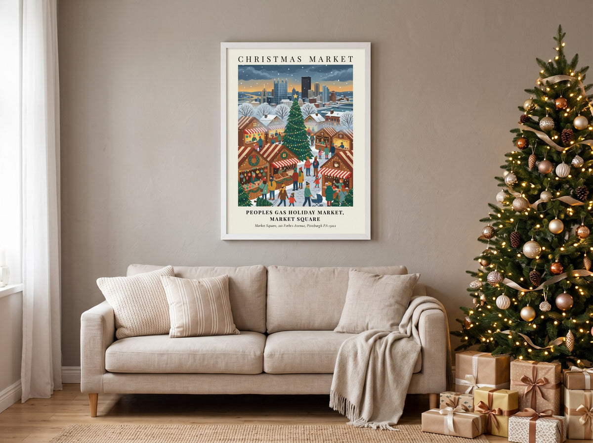Poster of the Peoples Gas Holiday Market with a Christmas tree and Pittsburgh skyline.