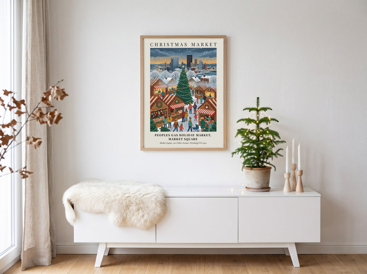 Poster of the Peoples Gas Holiday Market with a Christmas tree and Pittsburgh skyline.