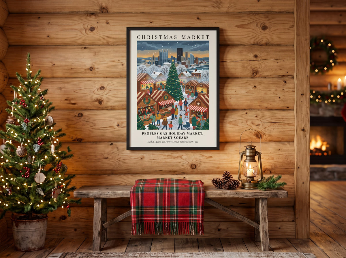Poster of the Peoples Gas Holiday Market with a Christmas tree and Pittsburgh skyline.