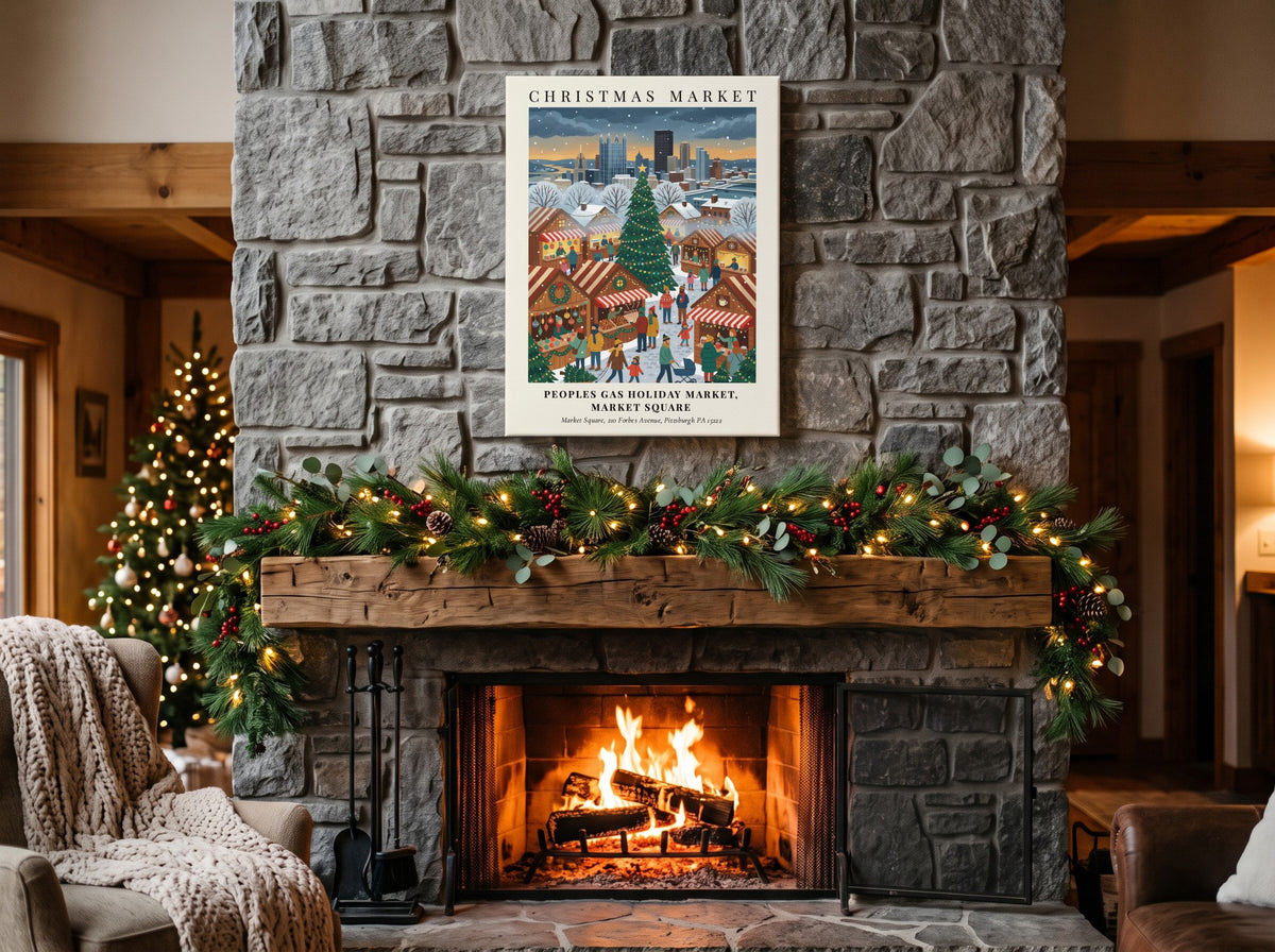 Poster of the Peoples Gas Holiday Market with a Christmas tree and Pittsburgh skyline.