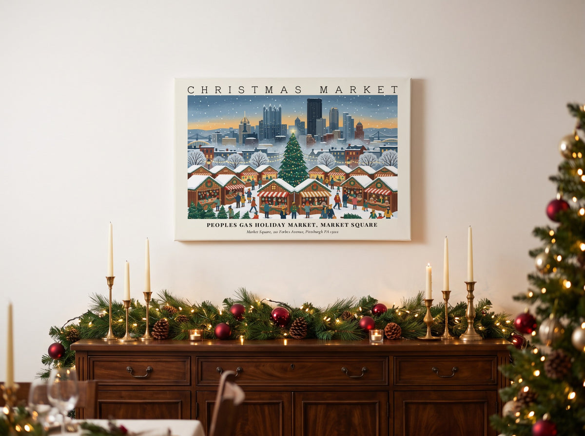 Poster of the Peoples Gas Holiday Market in Pittsburgh featuring snowy stalls and skyline.