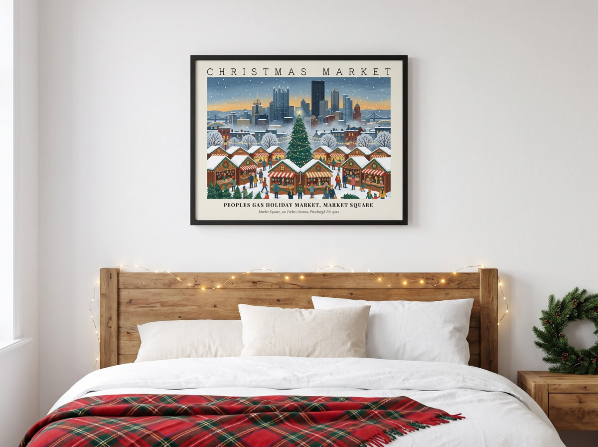 Poster of the Peoples Gas Holiday Market in Pittsburgh featuring snowy stalls and skyline.
