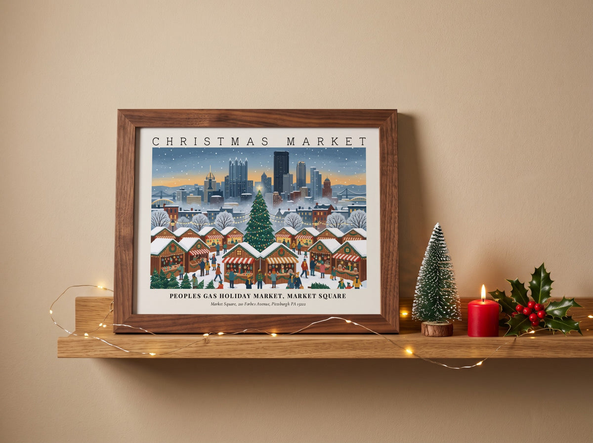Poster of the Peoples Gas Holiday Market in Pittsburgh featuring snowy stalls and skyline.