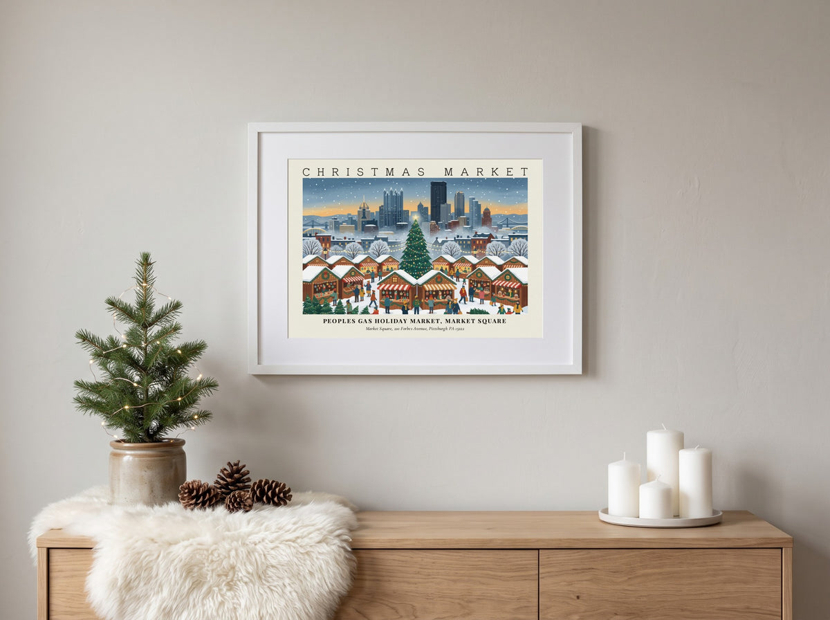 Poster of the Peoples Gas Holiday Market in Pittsburgh featuring snowy stalls and skyline.