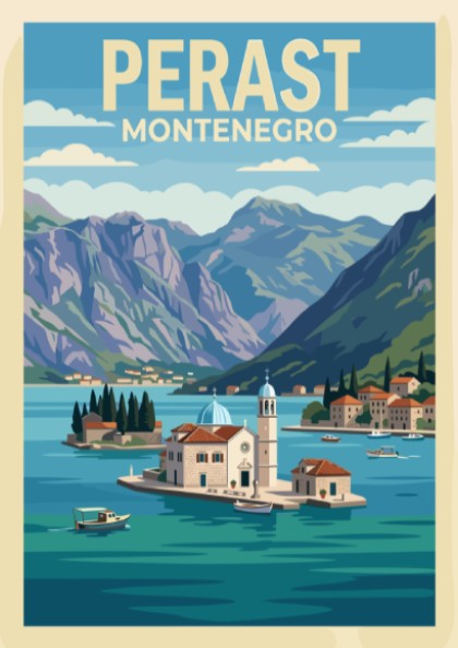 Poster of Perast Montenegro featuring a church on an island in blue water