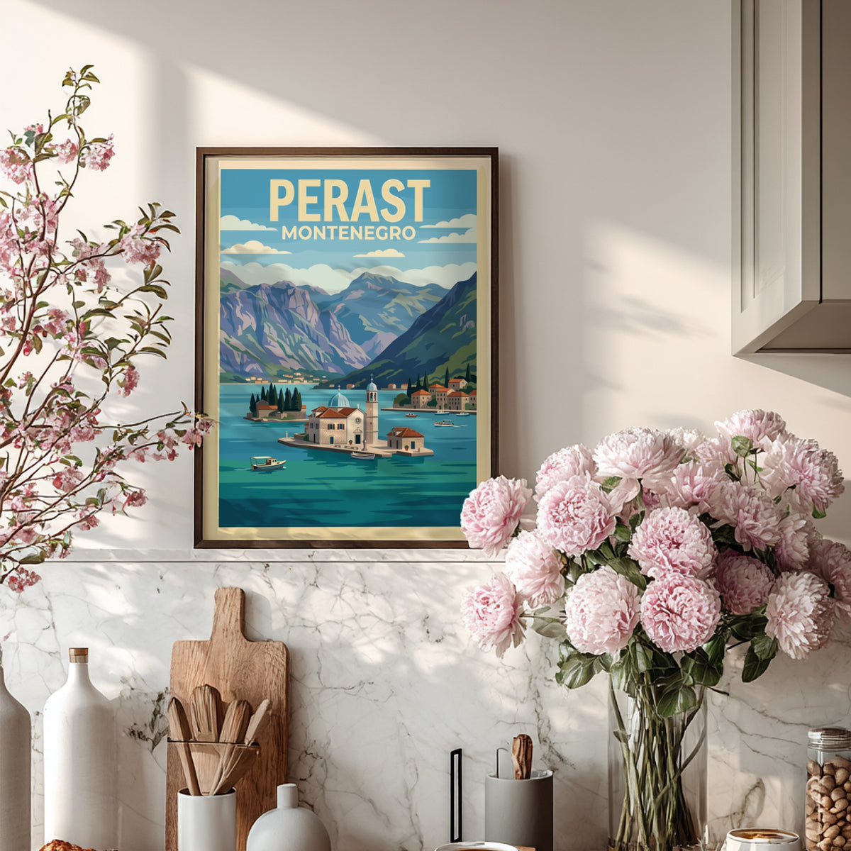 Poster of Perast Montenegro featuring a church on an island in blue water