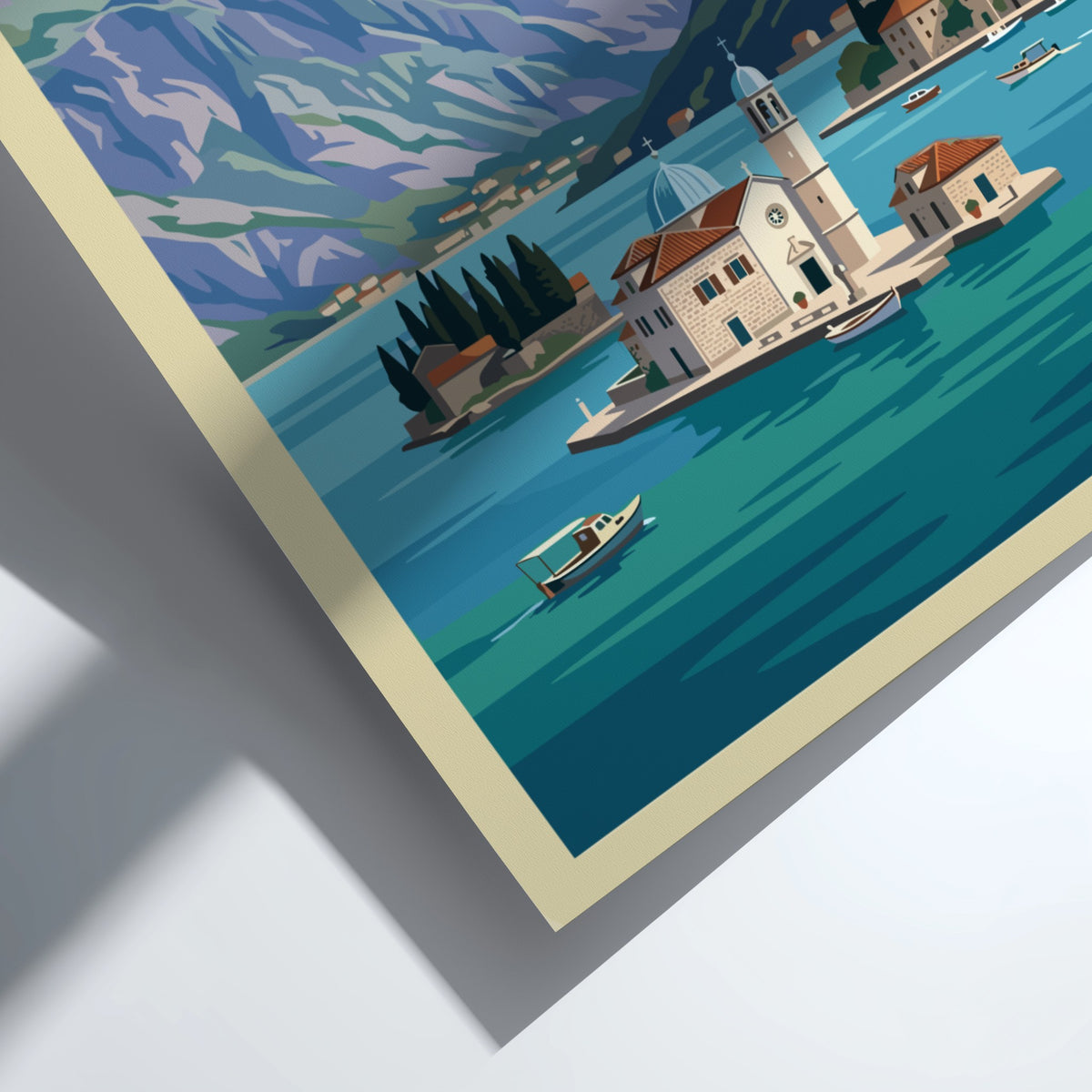 Poster of Perast Montenegro featuring a church on an island in blue water