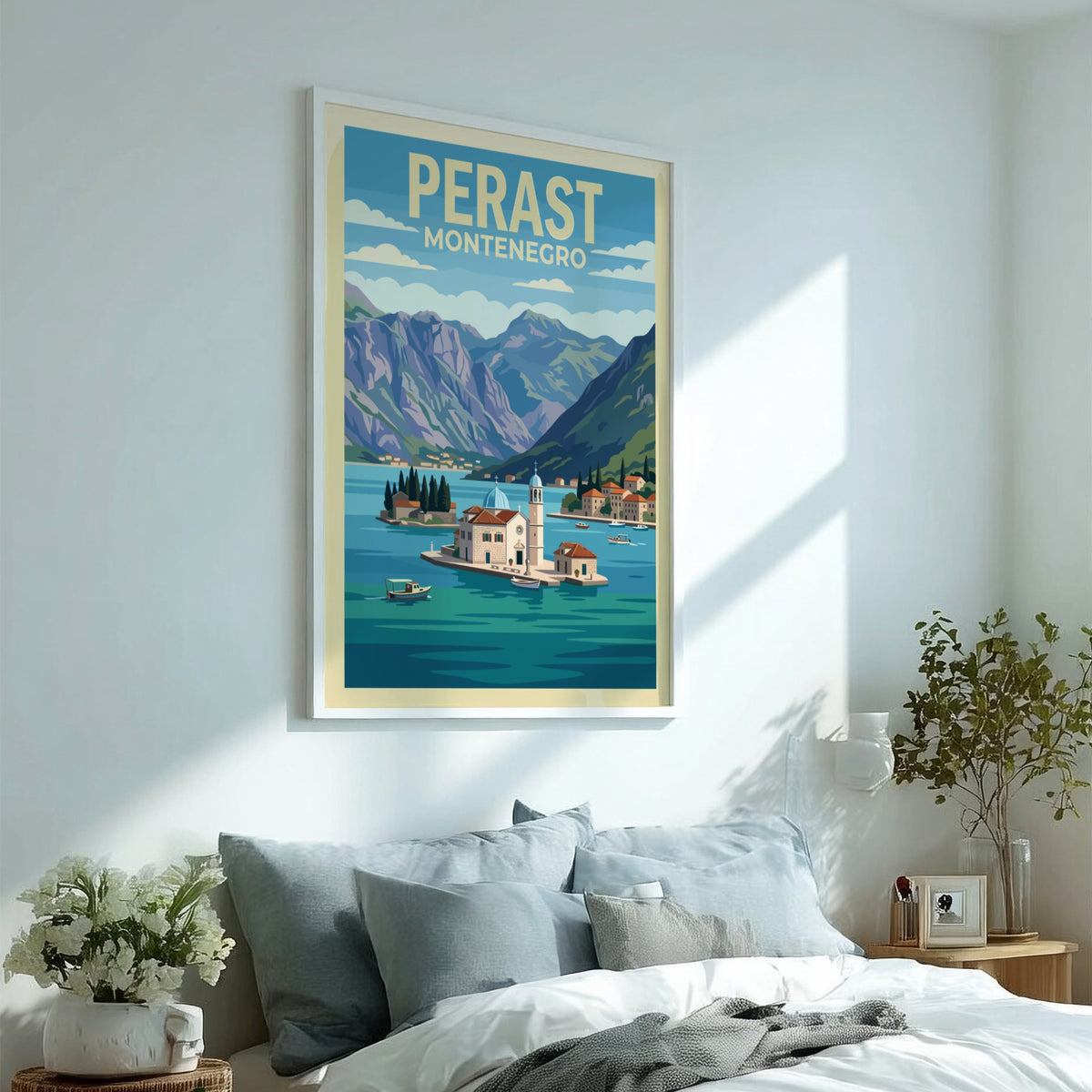 Poster of Perast Montenegro featuring a church on an island in blue water