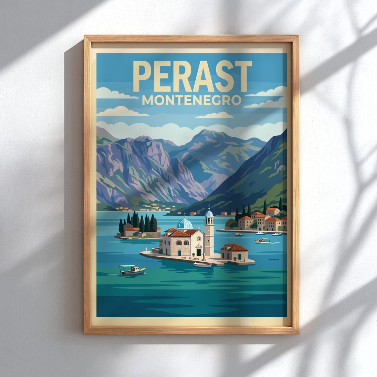 Poster of Perast Montenegro featuring a church on an island in blue water
