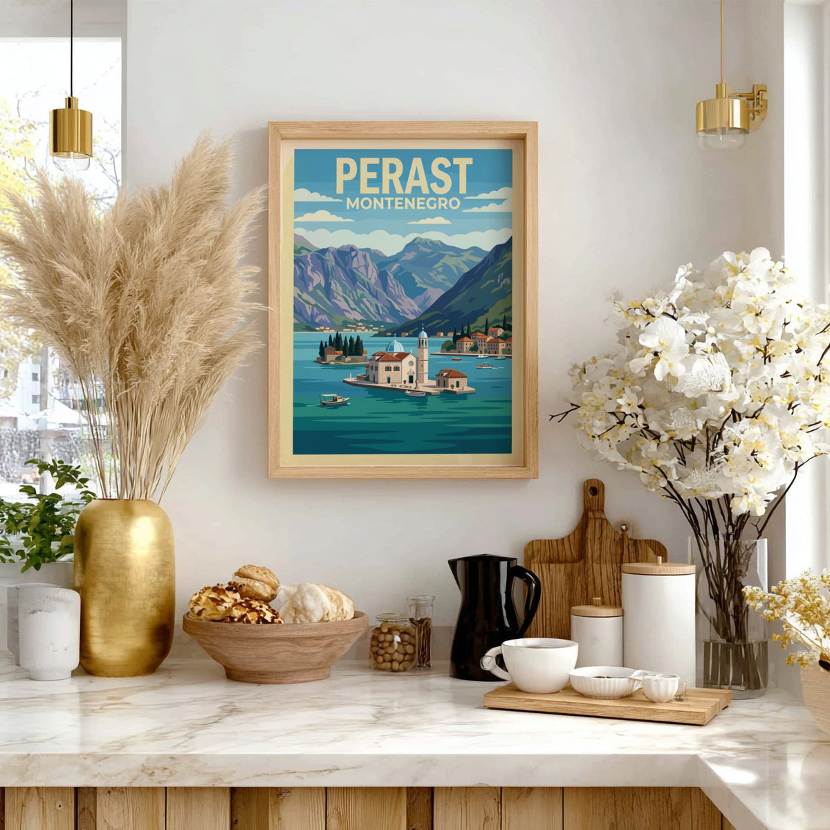 Poster of Perast Montenegro featuring a church on an island in blue water