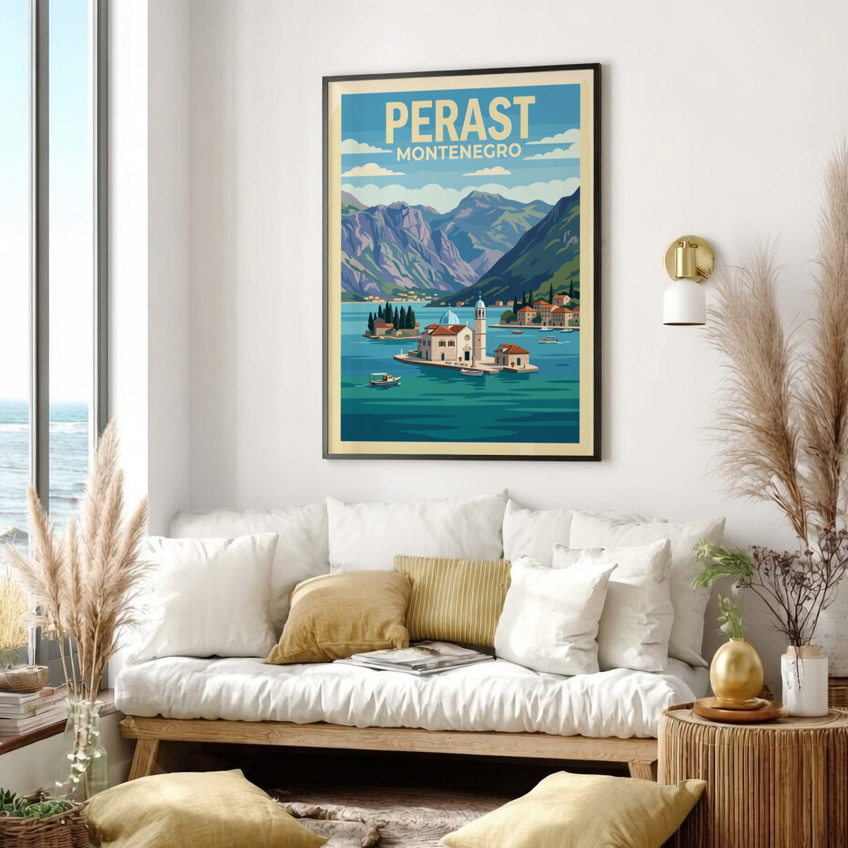 Poster of Perast Montenegro featuring a church on an island in blue water
