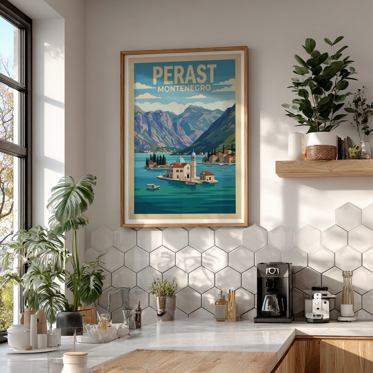 Poster of Perast Montenegro featuring a church on an island in blue water