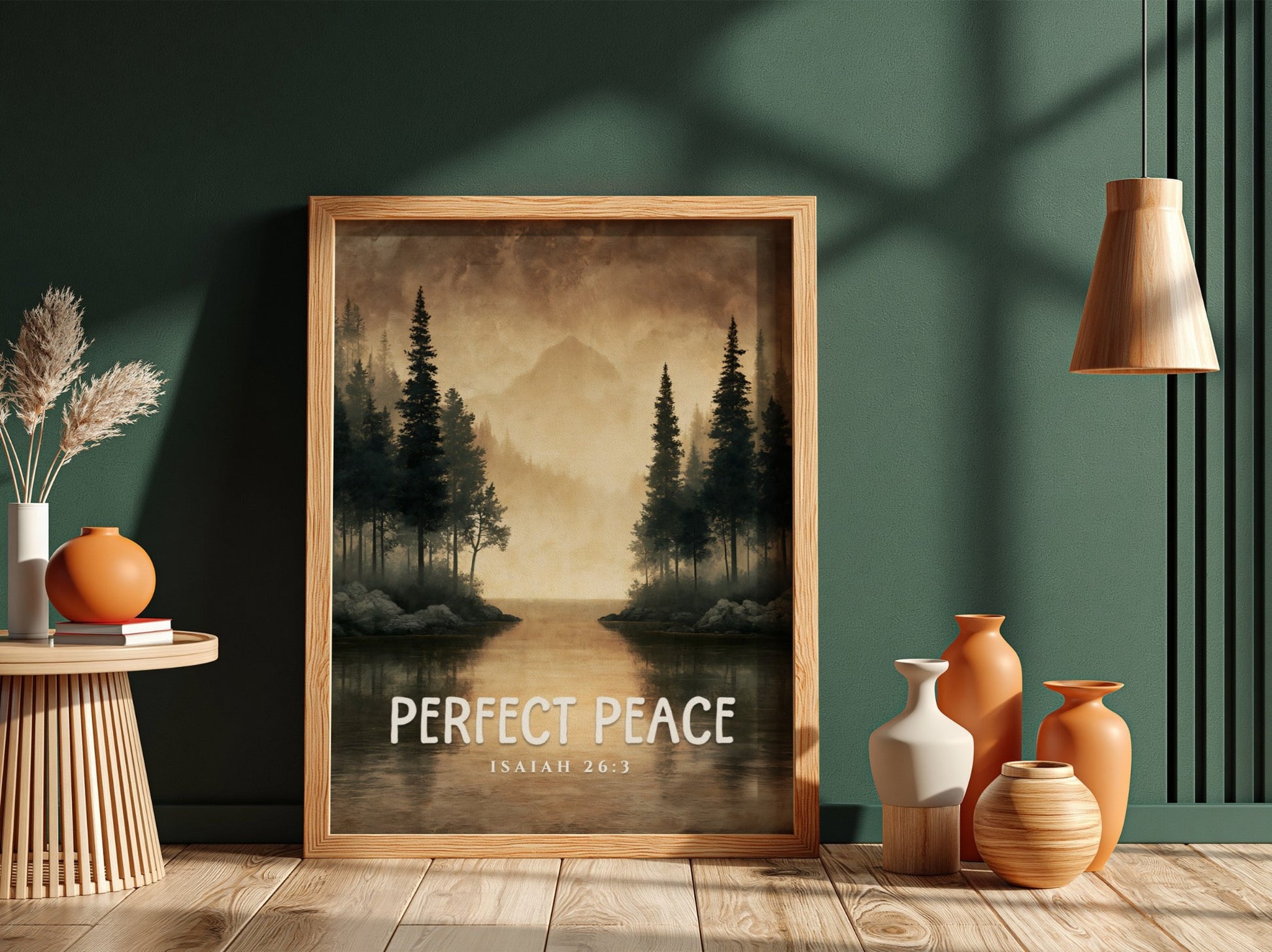 Perfect Peace poster featuring serene landscape with trees and water, inspired by Isaiah 26:3, perfect for