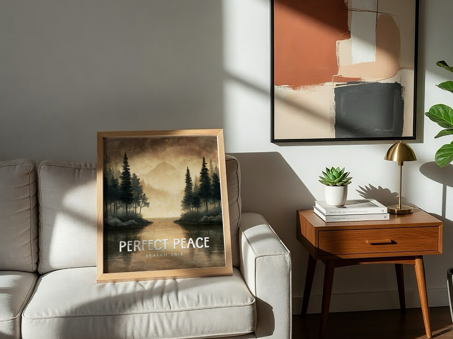 Perfect Peace poster featuring serene landscape with trees and water, inspired by Isaiah 26:3, perfect for