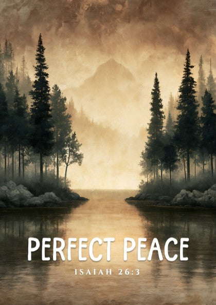 Perfect Peace poster featuring serene landscape with trees and water, inspired by Isaiah 26:3, perfect for