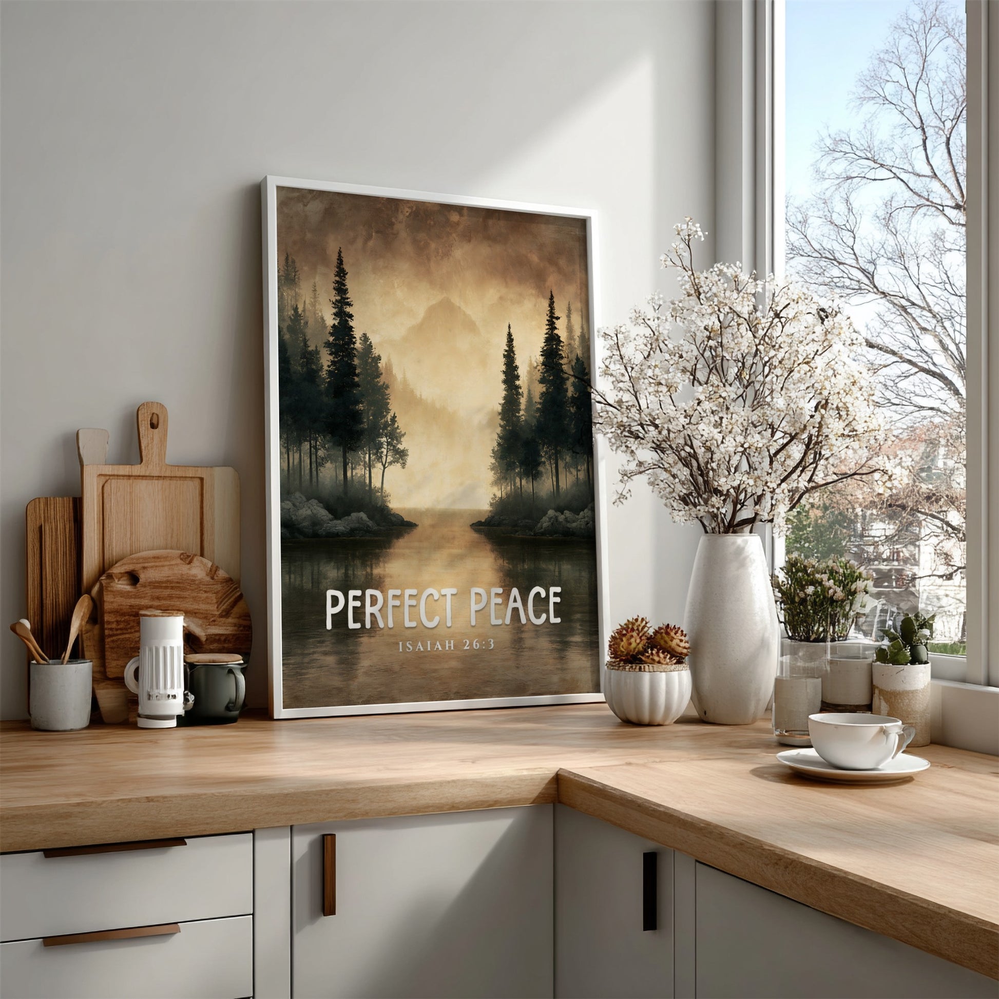 Perfect Peace poster featuring serene landscape with trees and water, inspired by Isaiah 26:3, perfect for