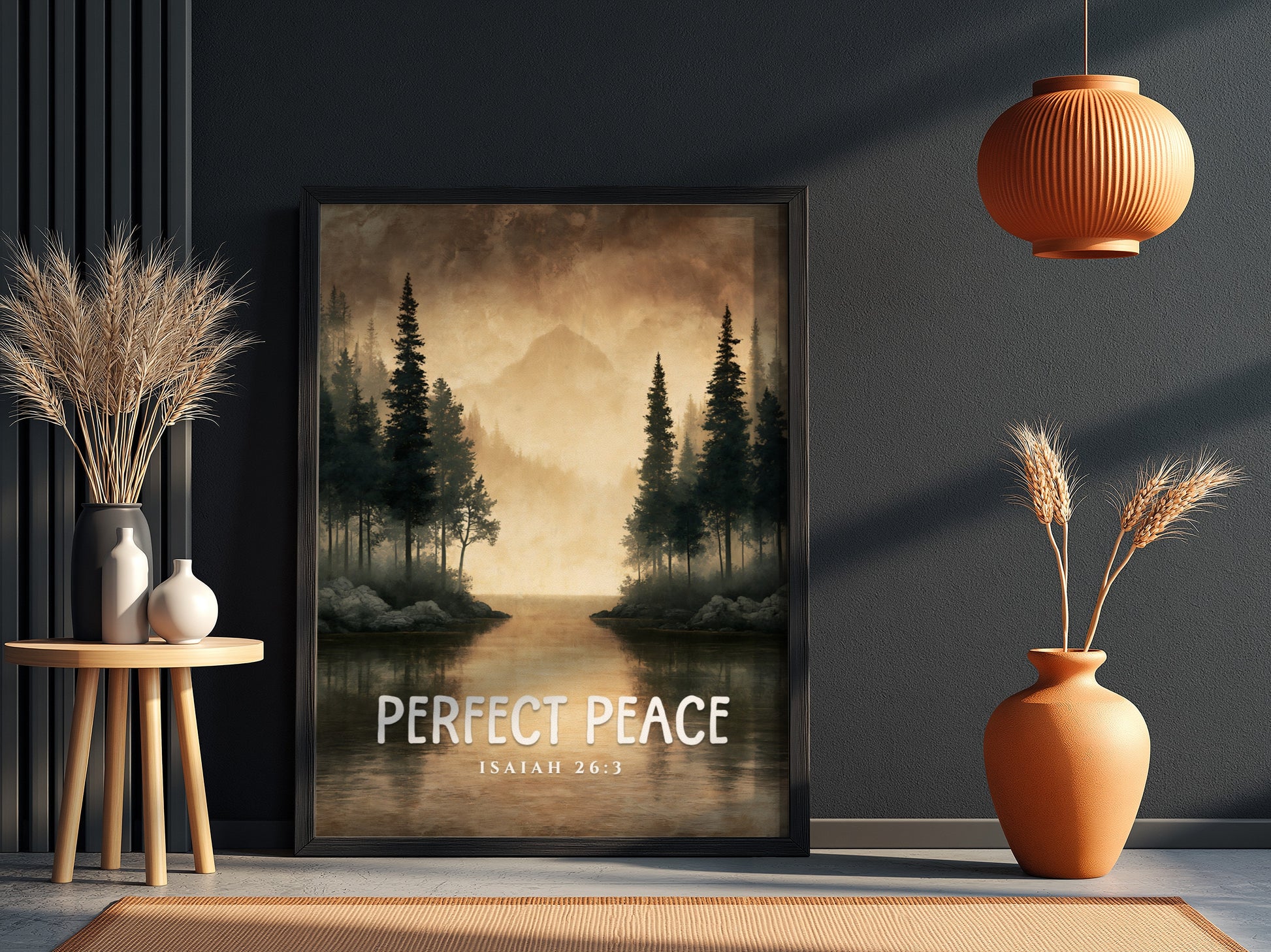 Perfect Peace poster featuring serene landscape with trees and water, inspired by Isaiah 26:3, perfect for