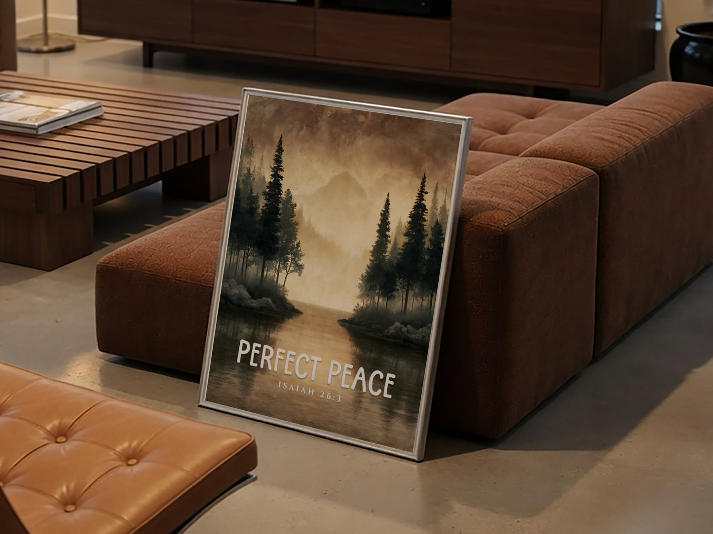 Perfect Peace poster featuring serene landscape with trees and water, inspired by Isaiah 26:3, perfect for