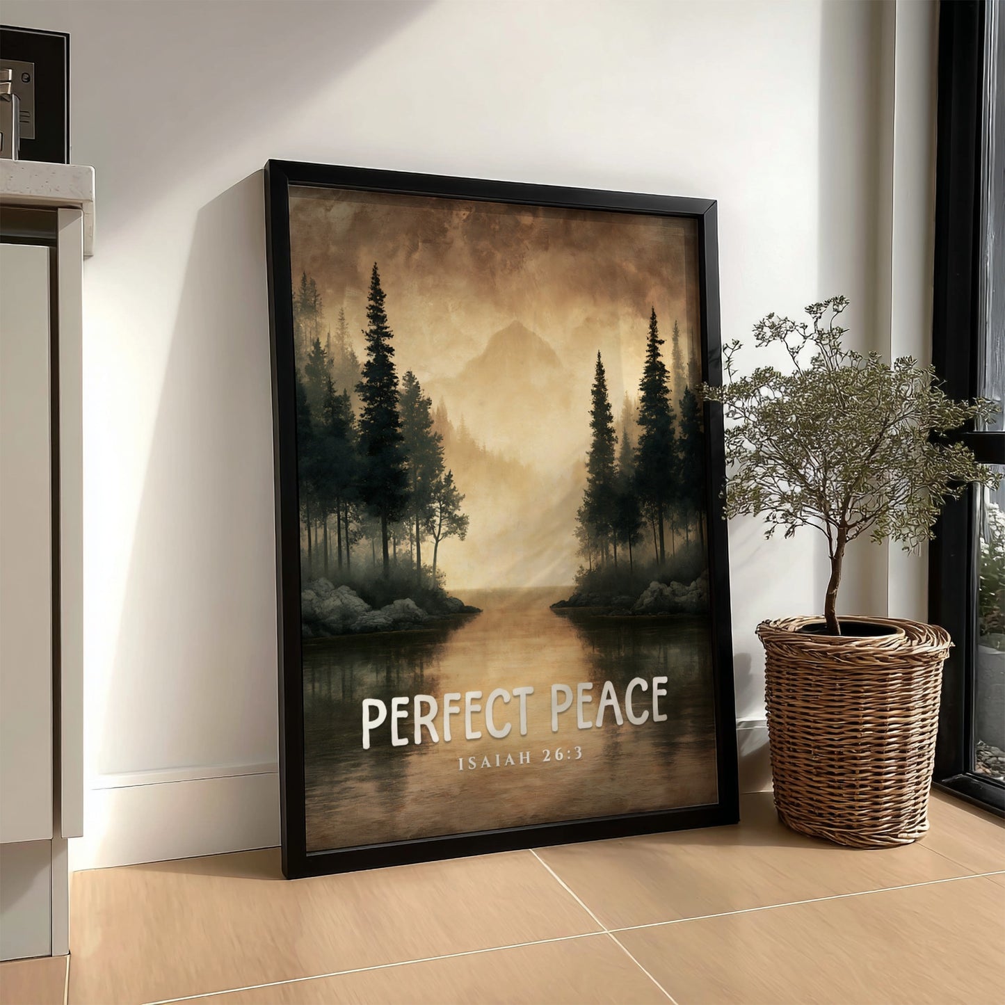 Perfect Peace poster featuring serene landscape with trees and water, inspired by Isaiah 26:3, perfect for